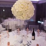 White roses & hydrangea floral dome table centrepiece on mirror plate